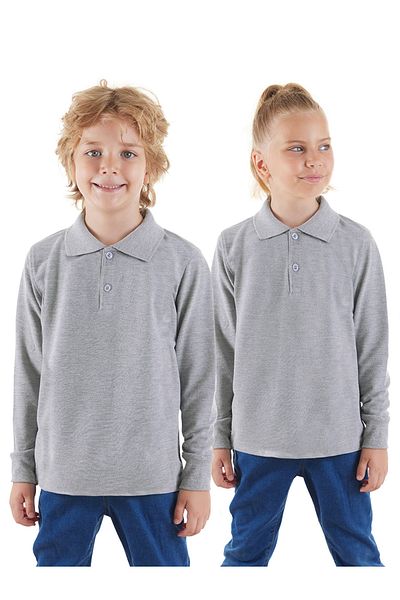 Denokids Unisex Kids Gray Polo Collar Long Sleeve School T-shirt
