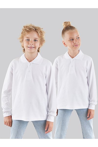 Denokids White Unisex Kids Polo Neck T-shirt - Long Sleeve