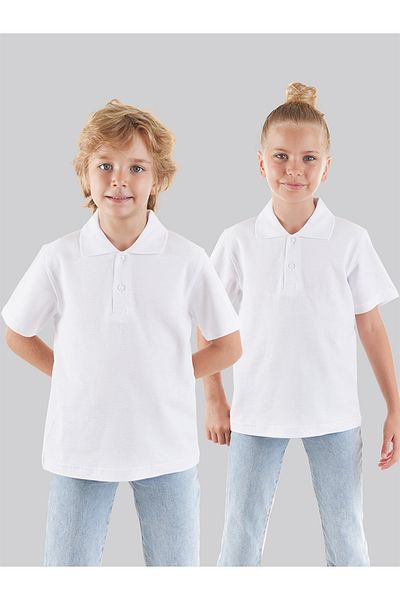 Denokids White Polo Neck Unisex Kids T-shirt - Short Sleeve