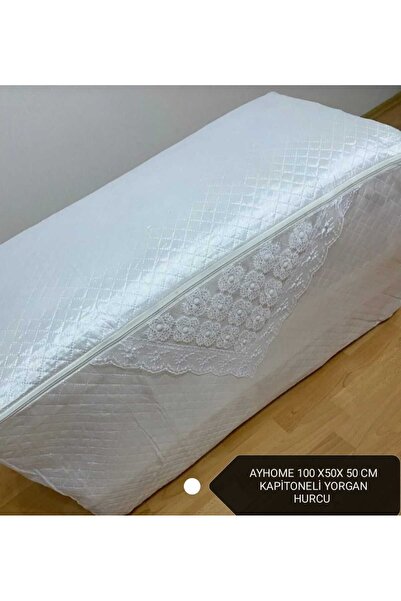 AYHOME Çeyizlik Eşya Saten Hurç Büyük Boy Fıransız Güpürlü Fermuarli Işlemeli Krem Renk Yorgan Hurcu