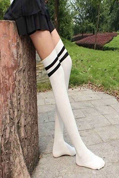 Design Socks White Patterned Black Striped Cotton Knee High Socks