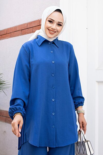 MİSSKAYLE Σετ Ινδικό Χρώμα Τεσσάρτο - Πλισέ Λεπτομέρεια