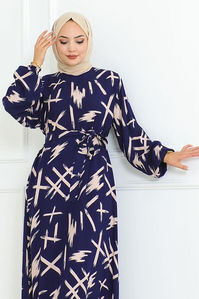 MİSSKAYLE Indigo Brush Pattern - Belted Waist Dress 4335