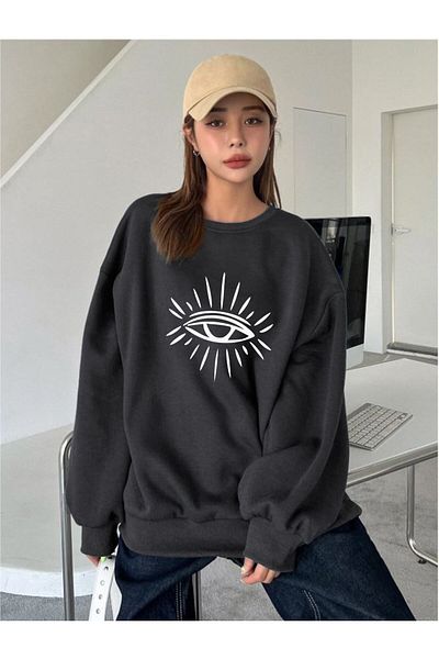 MODARİCH Eye Eye Winter Thick Sweatshirt - Μαύρο εμπριμέ Oversize Crew Neck