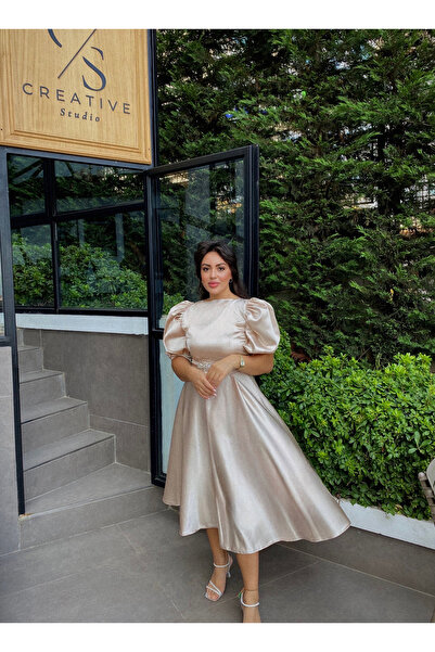 BAHARYAMAÇLI KADIN MİDİ BOY BALON KOL ABİYE ELBİSE