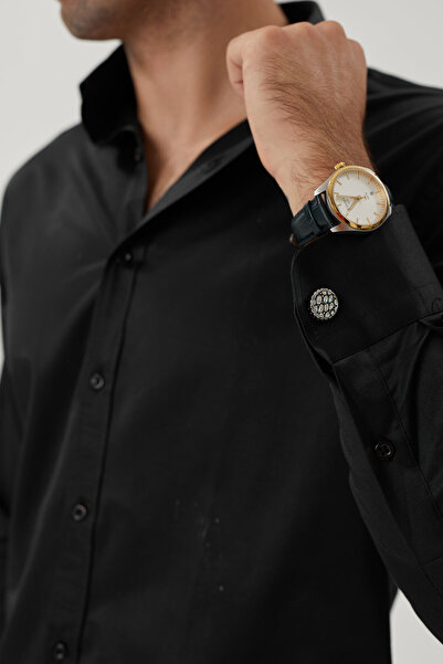 Enzio Garino Lycra Cotton Black Shirt - Regular Fit, Both Buttons and Cuffs