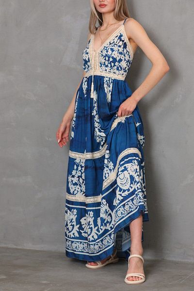 BİKELİFE Women's Floral Patterned Thin Strap Knitted Detailed Summer Dress
