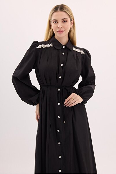 Ahel Tasarım Ribbed Poplin Julia Dress - Shoulder Stone Detail, Black