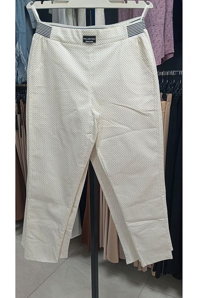 AKŞEN GİYİM High Waist Cream Colored Black Polka Dot Elastic Waist Skinny Leg Cotton Trousers - Large Size