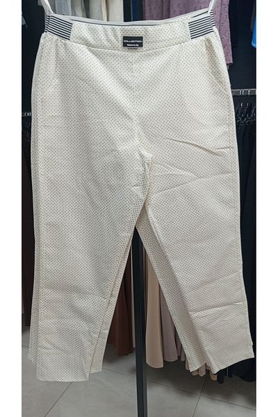 AKŞEN GİYİM High Waist Cream Colored Black Polka Dot Elastic Waist Skinny Leg Cotton Trousers - Large Size