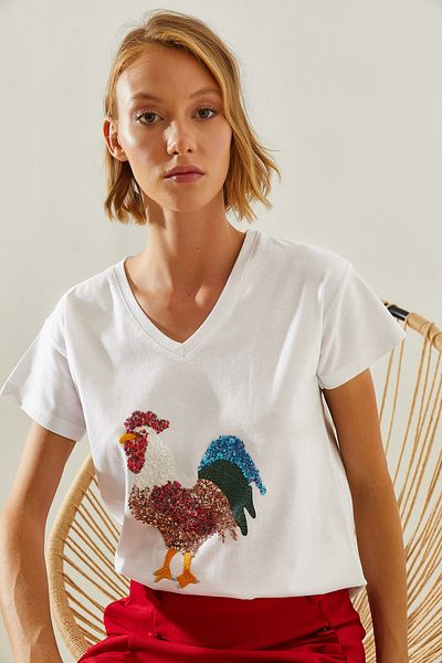 Bianco Lucci Tricou de damă cu paiete colorat, cu decolteu în V, cu model de cocoș - 60251472