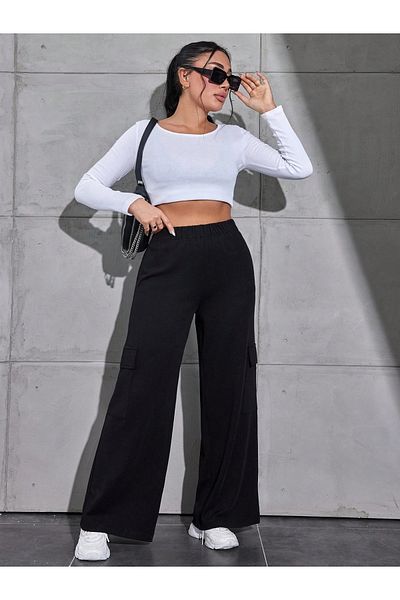 LİKRA Plus Size Women's - Stretchy Crepe Pants, Cargo Pocket and Elastic Waist