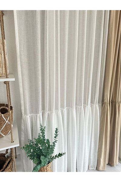 Decamor home Vintage Linen Frilly White Tulle Curtain