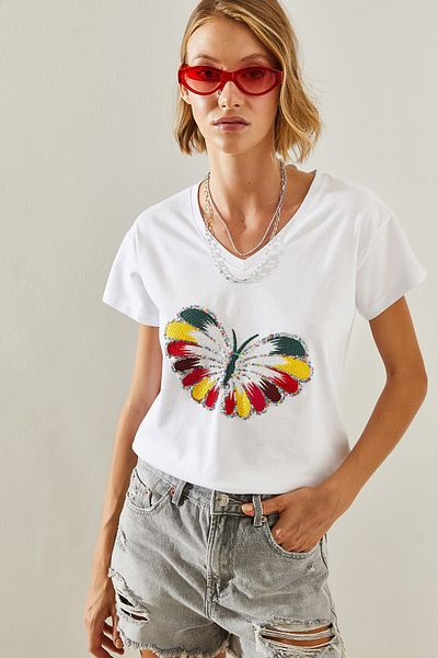 Bianco Lucci Πολύχρωμο Γυναικείο T-Shirt με λαιμόκοψη σε σχήμα πεταλούδας - 60251467