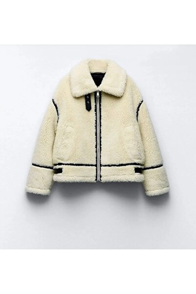 PİNK Kısa Kürk Deri Şerit Detaylı Biker Ceket