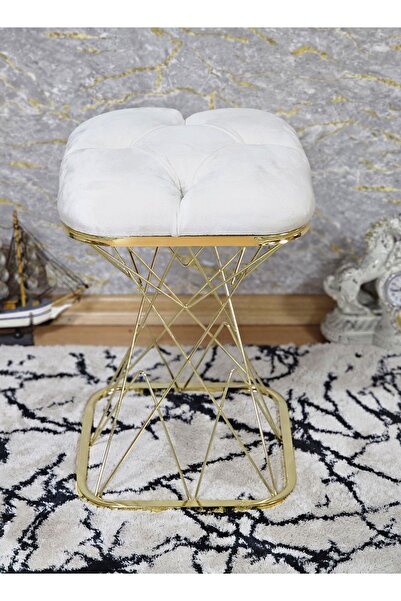 ZAFİR Kare Gold Kaplama Krem Puf Oturak - Bench - Ayak Ucu Oturak - Tabure - Makyaj Oturak