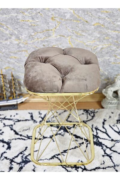 ZAFİR Kare Gold Kaplama Kahverengi Puf Oturak - Bench - Ayak Ucu Oturak - Tab...