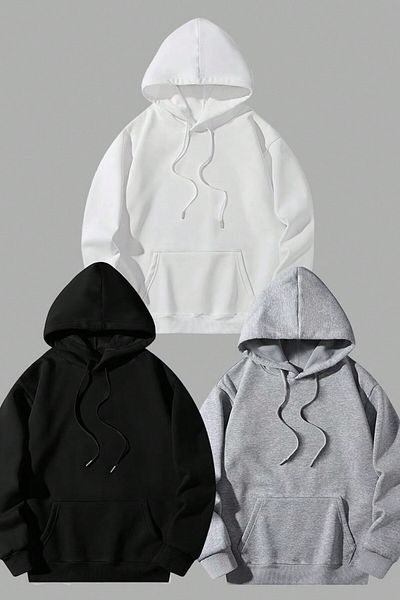 MODAGEN Φούτερ Unisex Oversize με κουκούλα - Μαύρο Λευκό Γκρι, Σετ 3 τεμαχίων