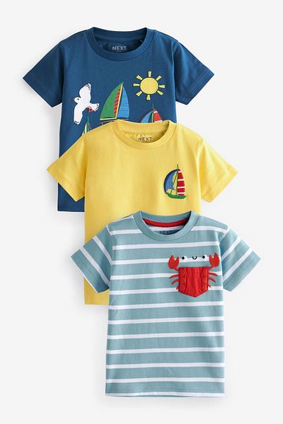 Next Baby Baby 100% Cotton Blue Yellow Printed Short Sleeve T-shirt Set of 3
