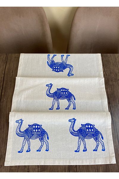 pamukidea Blue Camel Pattern Runner Plank Printed Stone Print Buldan Lucru manual Bumbac In Pânză Shemdan Ranır Develi