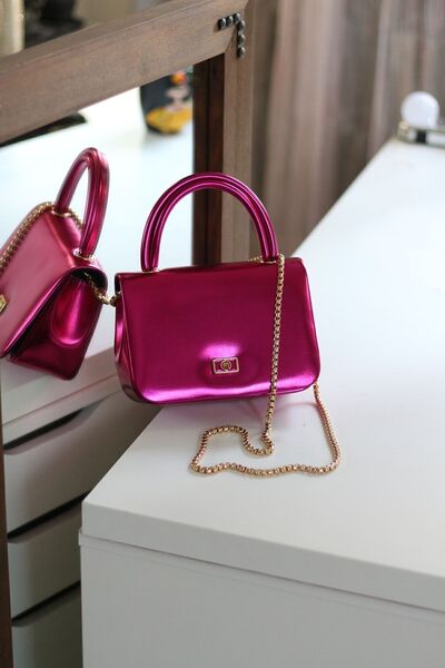 Moom Bag Geantă de umăr cu mâner din piele moale, lucioasă, fucsia