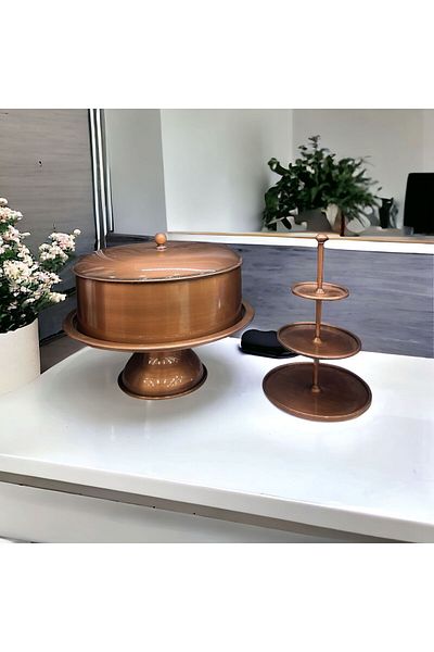LUCKYHOMES Footed Cake Plate Copper Cake Jar and 3-Layer Snack Bowl, Cookie Holder