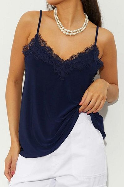Balenbi Γυναικεία μπλούζα 1070 Navy Blue Lace με λεπτομέρεια με λουράκι σατέν