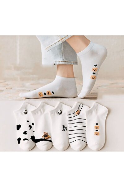 Çorabistaan 5 Çift Sevimli Panda / Inek Desenli Beyaz Kadın Patik Çorap Beyaz