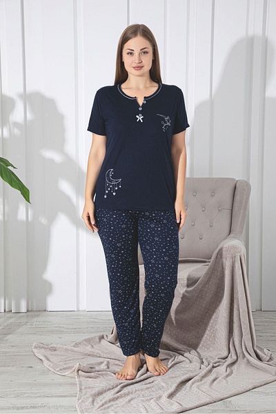şıklık durağı Large Size Navy Blue Star Patterned Cotton Combed Cotton Women's Pajamas Set