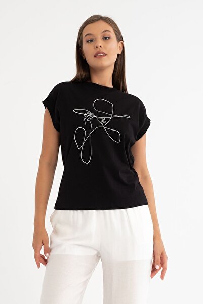 Qaju Tricou 100% bumbac cu gât negru cu imprimeu pentru fete - mânecă joasă e...