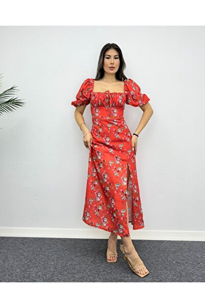 deqfashion Balon Kol Çiçekli Elbise