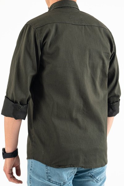 Souris Men's Slim Fit Dark Khaki Cotton Jeans Shirt - Snap Button, Double Pocket