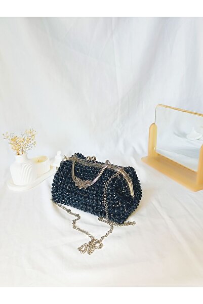 VUGO TİCARET Boncuk çanta düğün çantası gece çantası siyah inci çanta