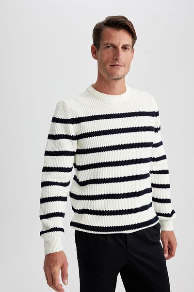 DeFacto Gestreifter Pullover mit Rundhalsausschnitt, Standard-Passform B0546ax23wn