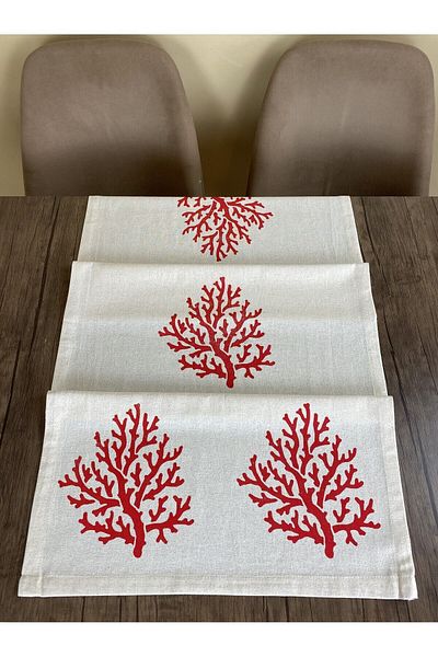 pamukidea Red Coral Patterned Runner Wood Printed Stone Print Buldan Cotton Linen Cloth Fireplace Ranir Coral