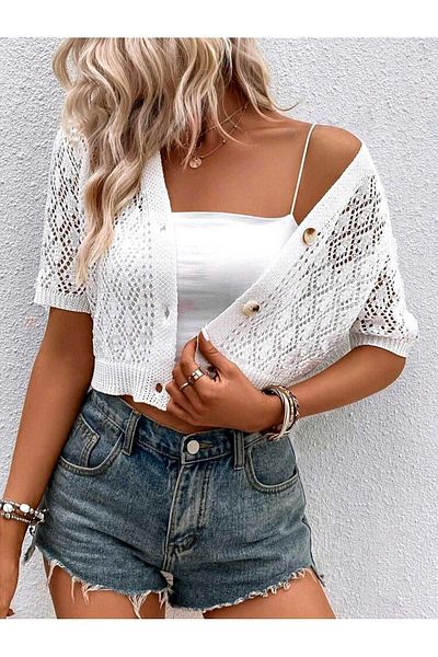 MODA MHE Fashion MH διάτρητη διάτρητη κοντομάνικη εποχιακή πλεκτή μπλούζα