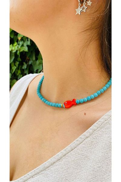 elamindunyasi Turquoise Natural Stone And Fish Glass Murano Necklace