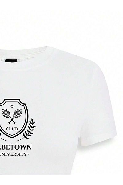 Bengi Clothing Crop Top pentru femei cu imprimeu alb - Bluză cu mânecă scurtă Y2k