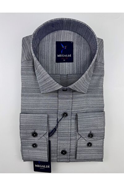 MEGALDİ Erkek Slim Fit Kesim Kendinden Desenli Füme Uzun Kollu Gömlek