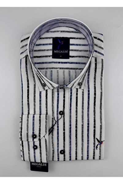 MEGALDİ Erkek Slim Fit Kesim Gri Çizgili Uzun Kollu Gömlek