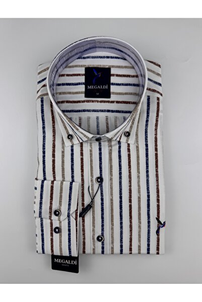 MEGALDİ Erkek Slim Fit Kesim Bej Çizgili Uzun Kollu Gömlek