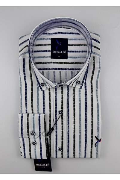 MEGALDİ Erkek Slim Fit Kesim Yeşil Çizgili Uzun Kollu Gömlek