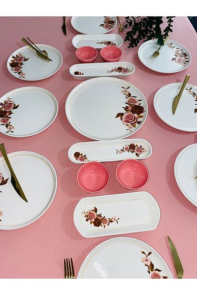 VENÜS HOME DECORATION Pink Rose Model 8-Person 17-Piece Breakfast Set