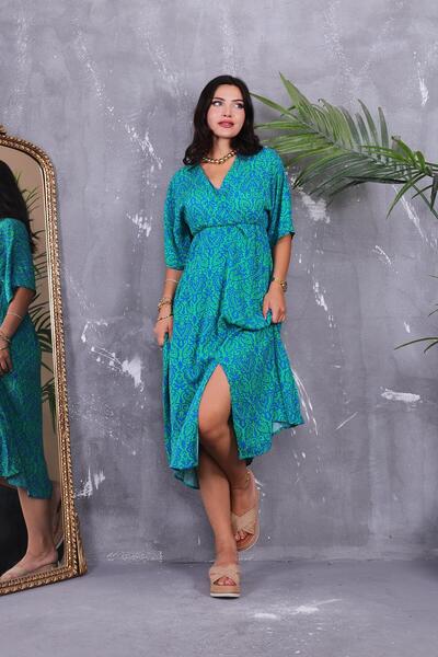 ZEYWEAR Kruvaze Yaka Şal Desen Beli Lastikli Elbise