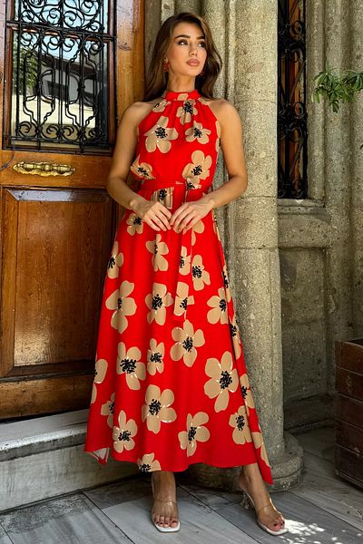 GÜLSELİ Rochie din vascoza cu model - rosie, cu centura in talie