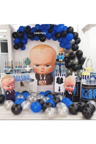 LOTUS PARTY 100 Adet - Patron Bebek Konsepti - Pastel Siyah - Lacivert Ve Gümüş Balon Zinciri Seti