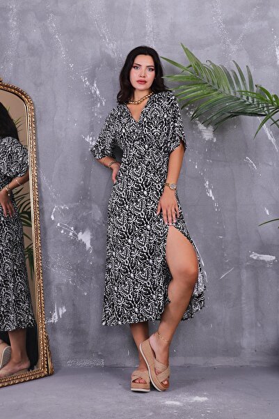 ZEYWEAR Kruvaze Yaka Şal Desen Beli Lastikli Elbise