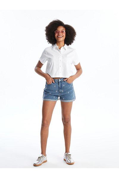 LC Waikiki Pantaloni scurți de damă din Jean cu broderie cu talie înaltă - XSIDE Standard Fit