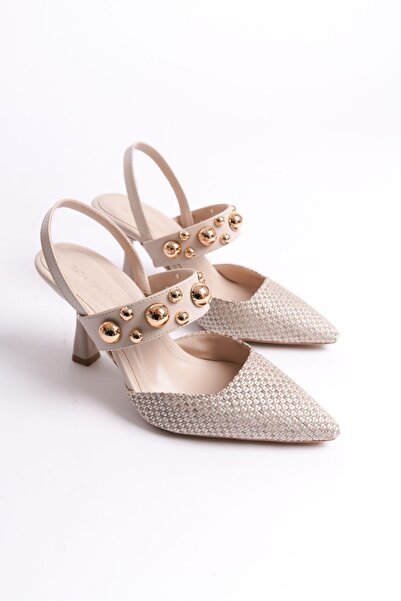 ZİESCE Women's Special Design Straw Trock Belt Detail Banded Nude Heeled Stiletto Shoes