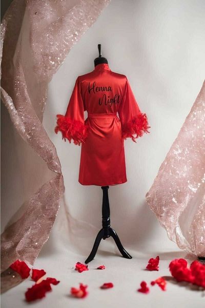 Lasilla Henna Dressing Gown with Feather Sleeves, Henna Night Dressing Gown, Bride Dressing Gown